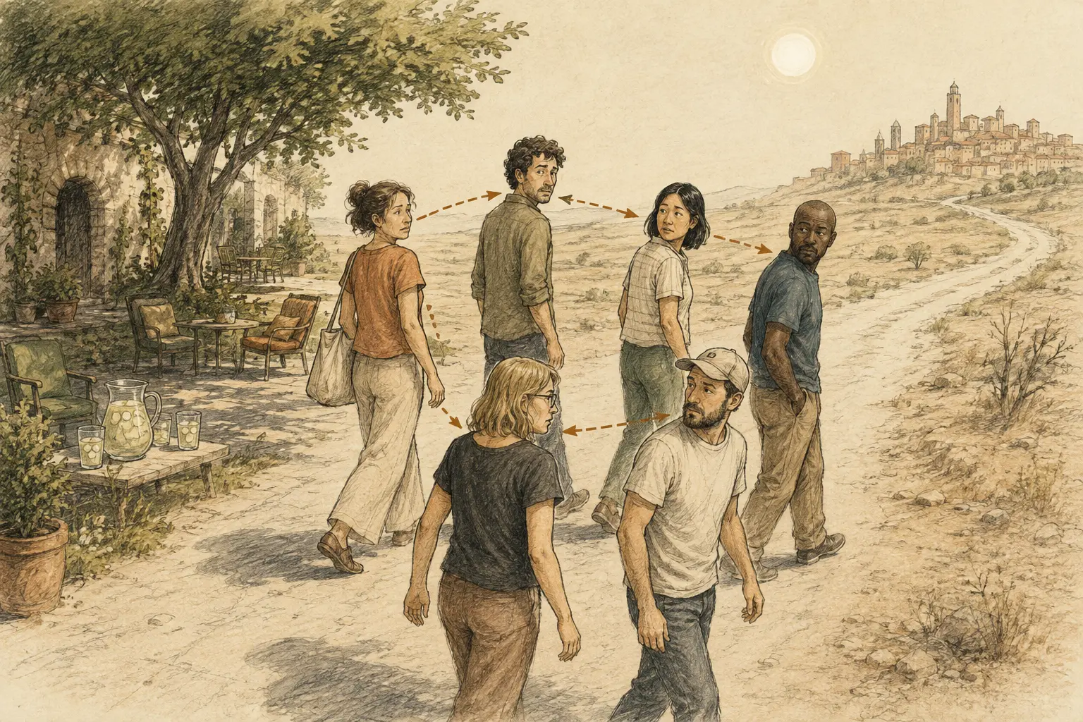 Six people reluctantly follow one another along a hot road while an inviting shaded courtyard is left behind