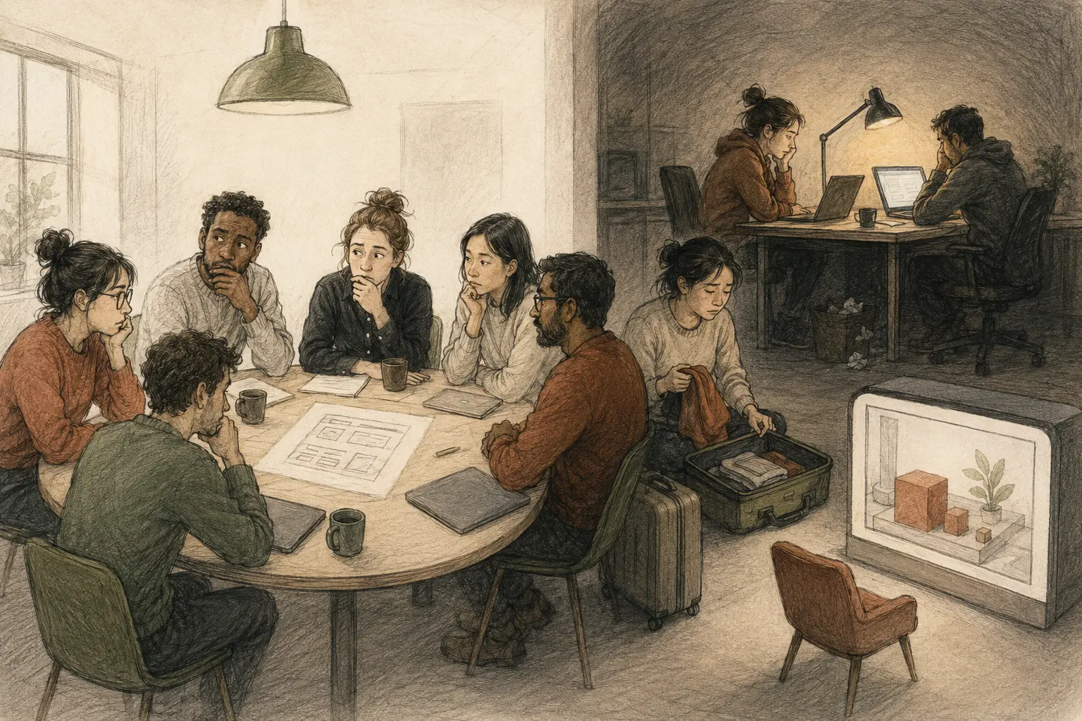 A hesitant product team agrees in a meeting, then works late to finish a feature that customers don't use