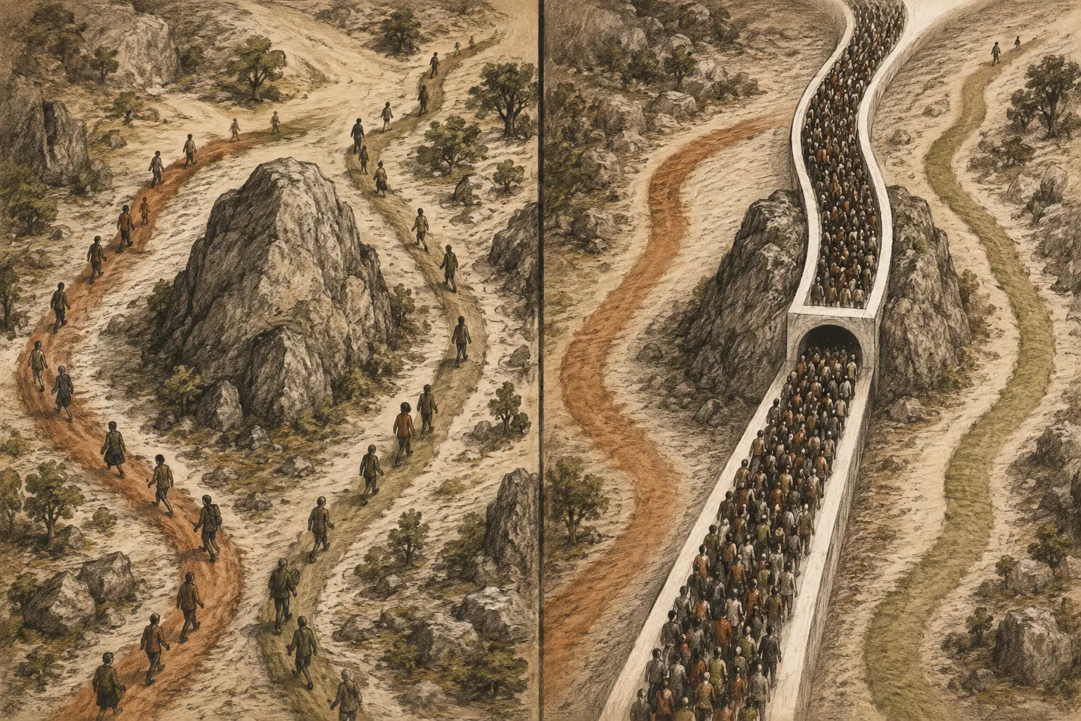 Several roads between two towns with most cars drawn into a new shortcut and jammed at the centre