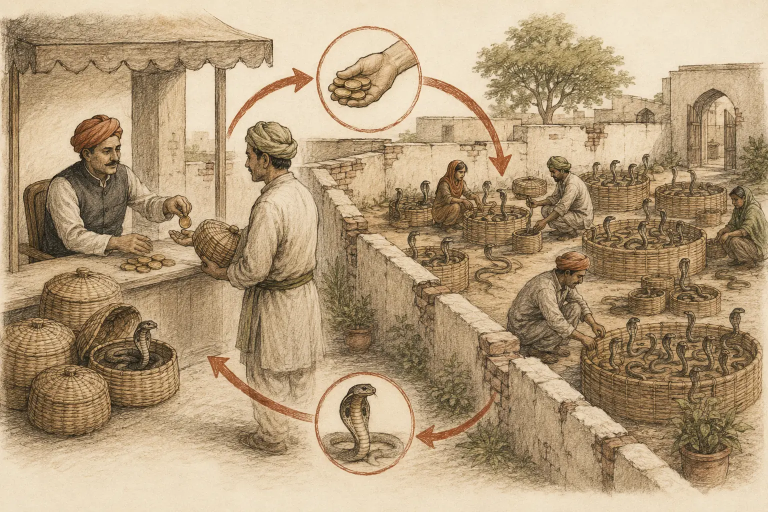 A town pays people for captured cobras while hidden courtyards breed many more snakes for the reward