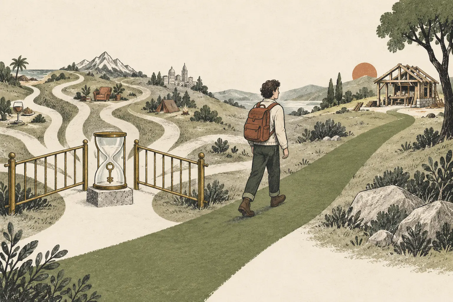 A traveller voluntarily gates several distracting paths, locks the key in an hourglass and walks towards one workshop