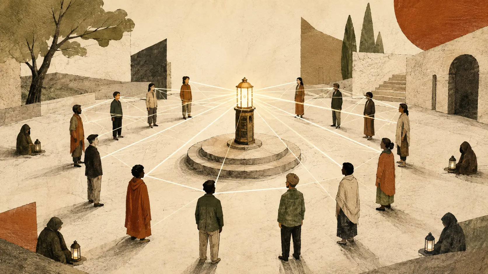 People stand in a circle around one bright public beacon, with visible lines of sight connecting everyone to the beacon and to one another