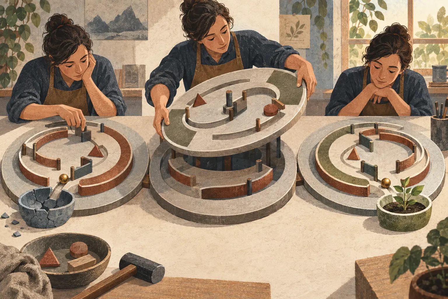 A maker first adjusts pieces inside a circular track, then lifts and rotates the track itself so a brass ball reaches a living plant instead of a cracked basin