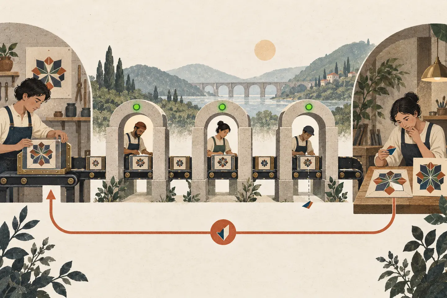 A mosaic passes through several green-lit relay stations before the receiving maker discovers a missing piece and signals the origin