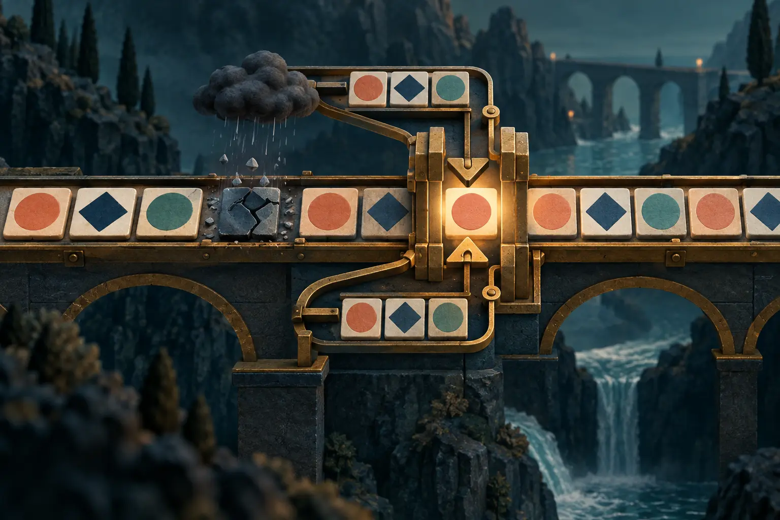 A patterned sequence of ceramic tiles crosses a stormy bridge while parallel reference rails help a brass gate replace one cracked tile