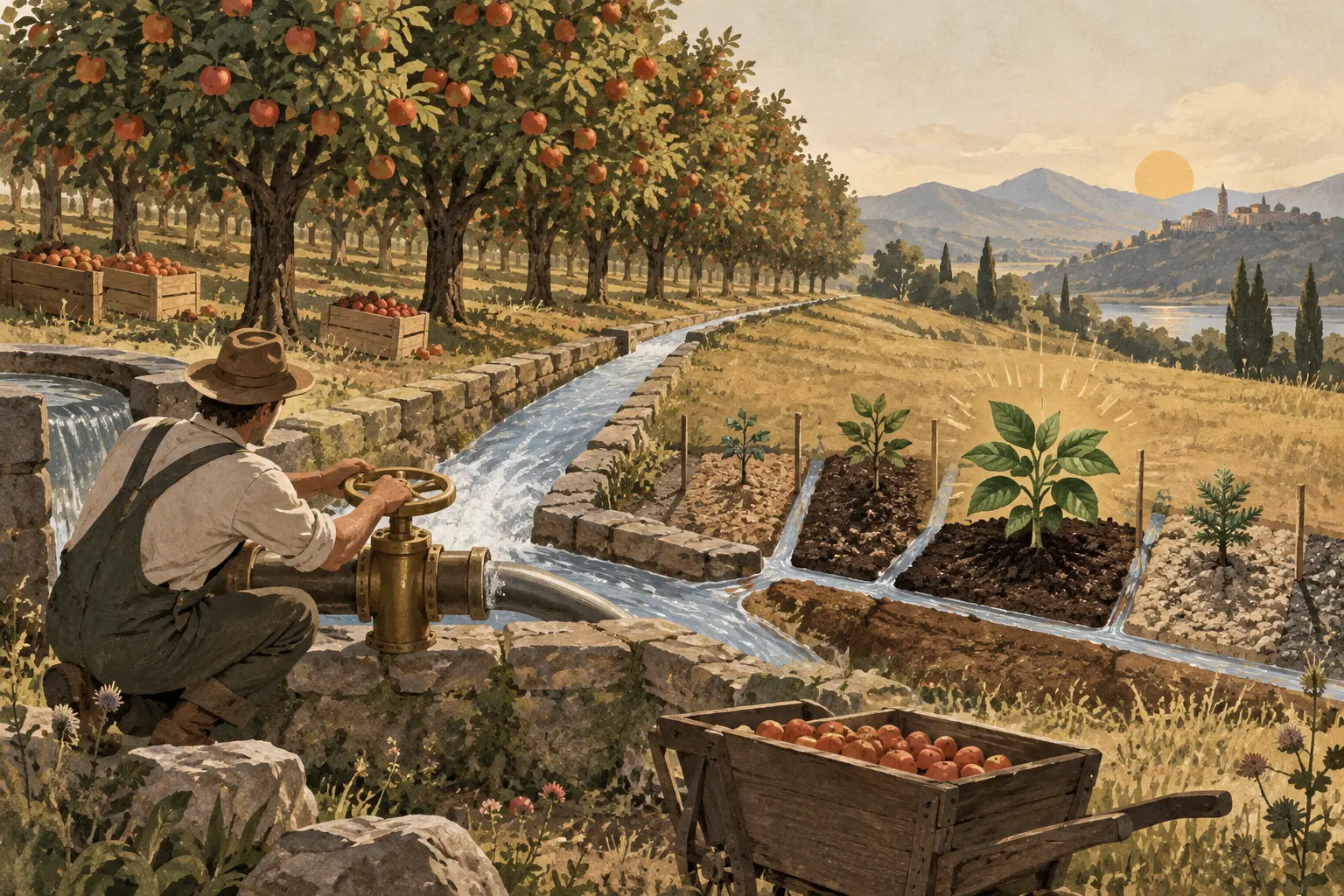 A gardener directs most irrigation water towards a mature fruit orchard while smaller channels test several seedlings in different soils
