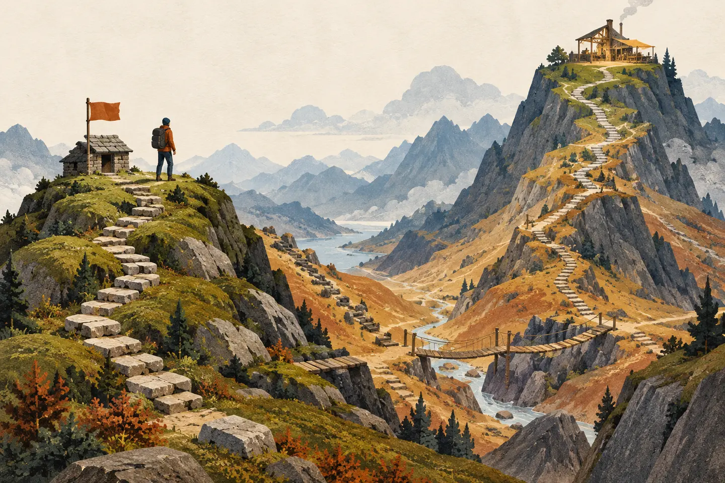 A traveller stands on a modest summit while a higher workshop-topped mountain waits across a valley and bridge