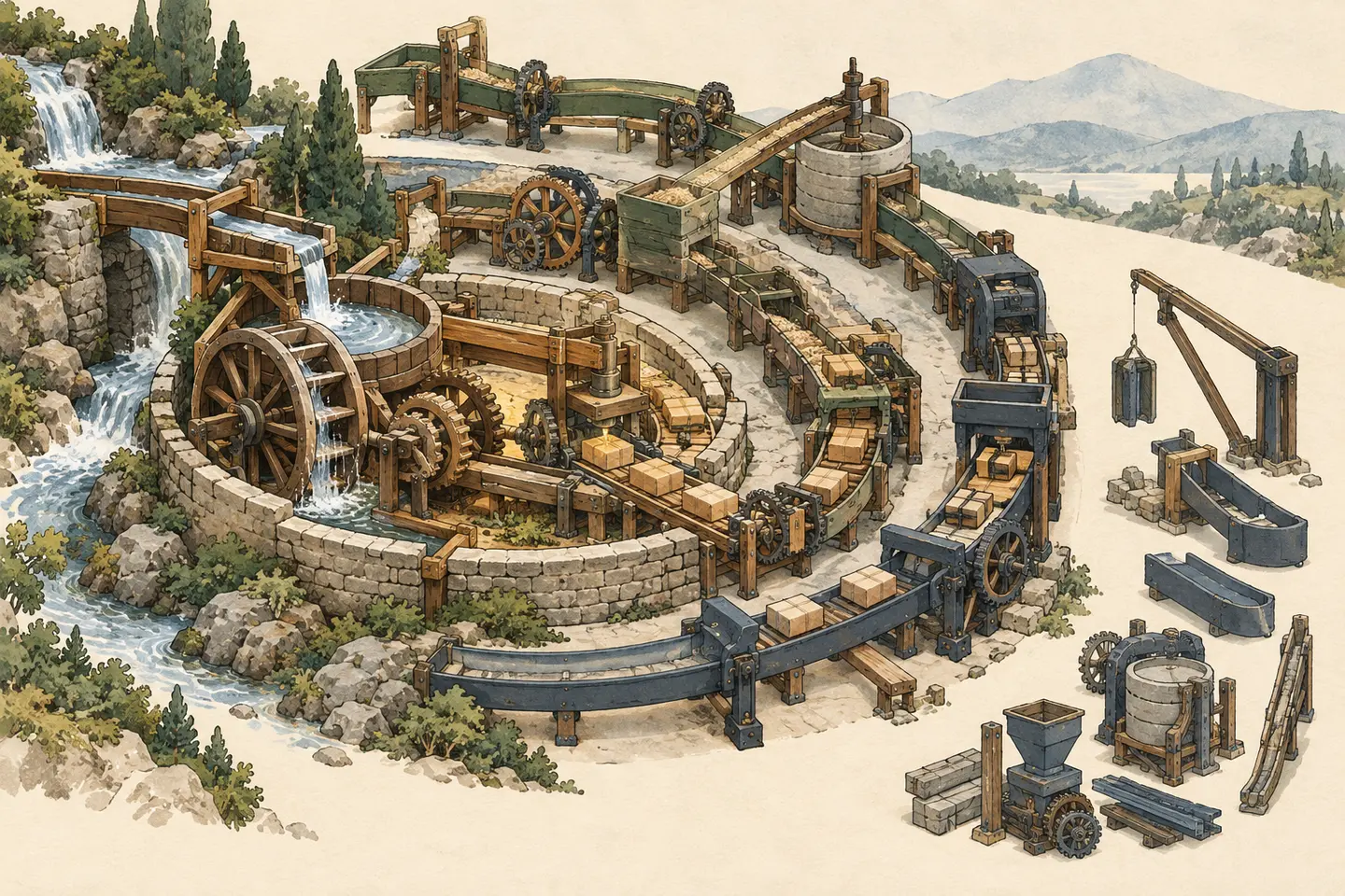 A working water-powered mill expands through connected layers of machinery while unattached future components wait at the edge