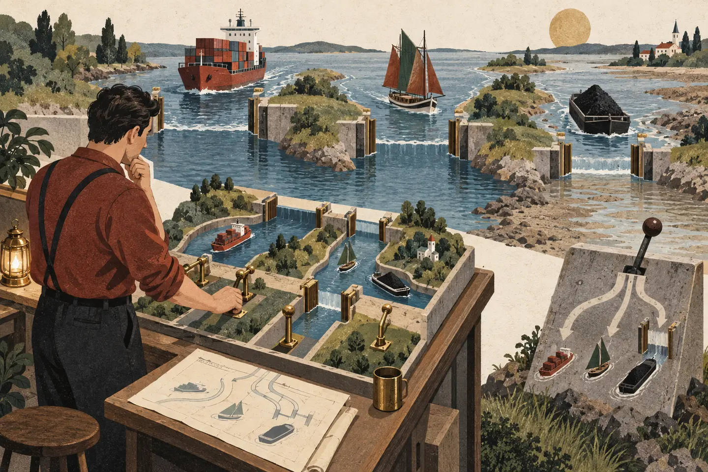 A waterway operator uses a miniature model of changing channels and different boats to set the appropriate gates