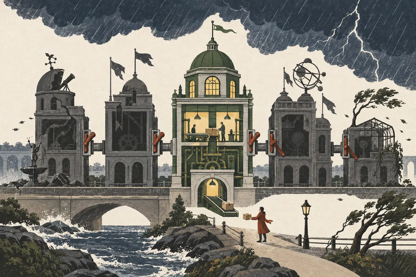 A storm-battered civic machine disconnects dark outer buildings while its central green core remains lit and continues delivering an essential parcel