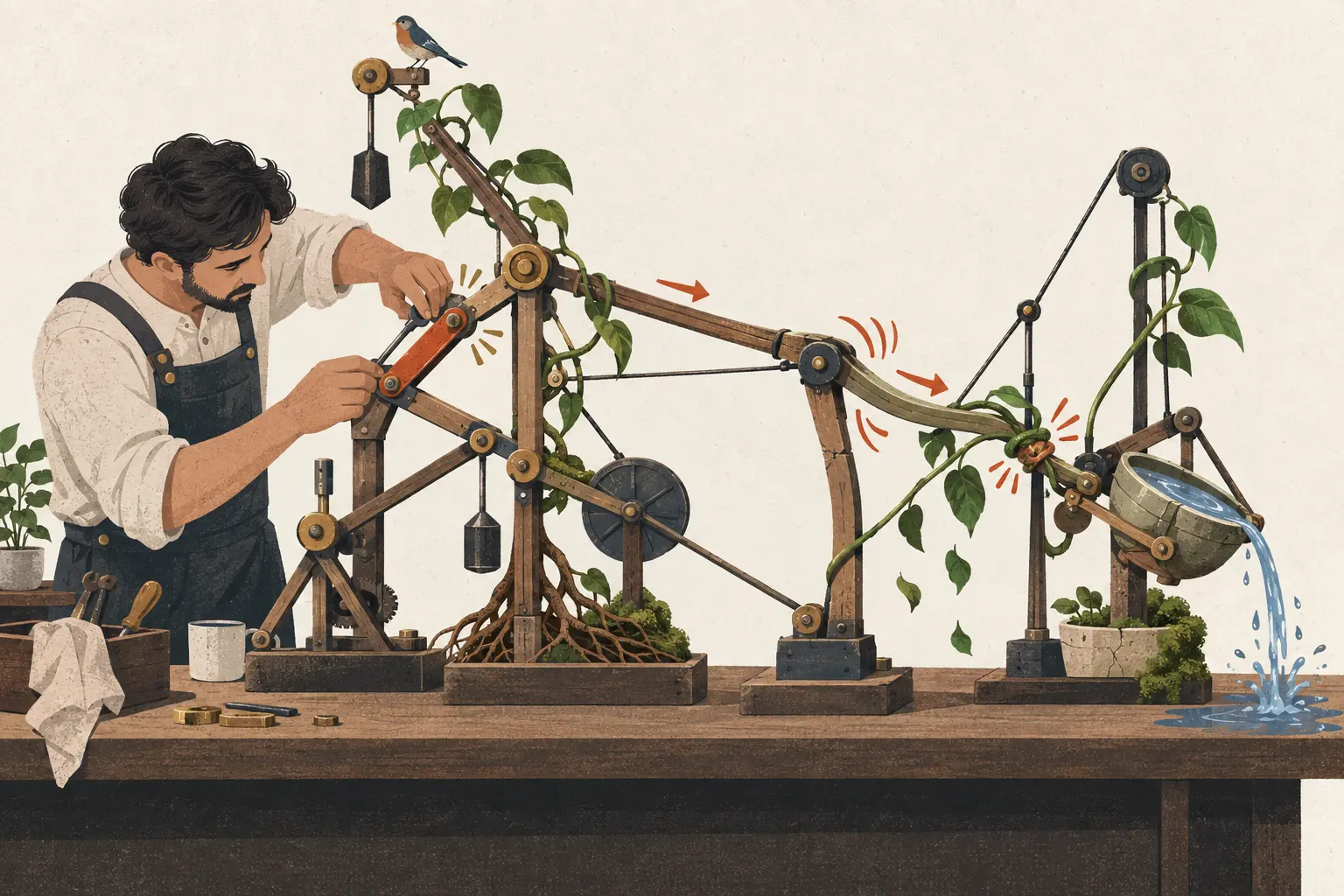 An engineer braces one joint in an interconnected machine, redirecting strain that bends another beam, pinches a vine and spills water