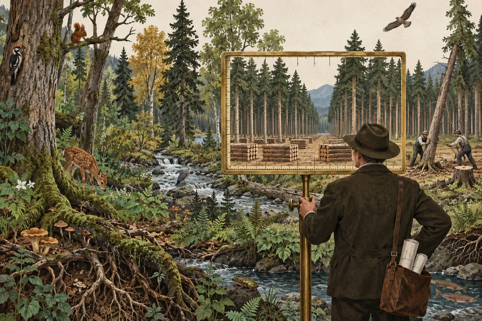 An administrator views a diverse living forest through a brass measuring frame that reduces it to uniform rows of timber