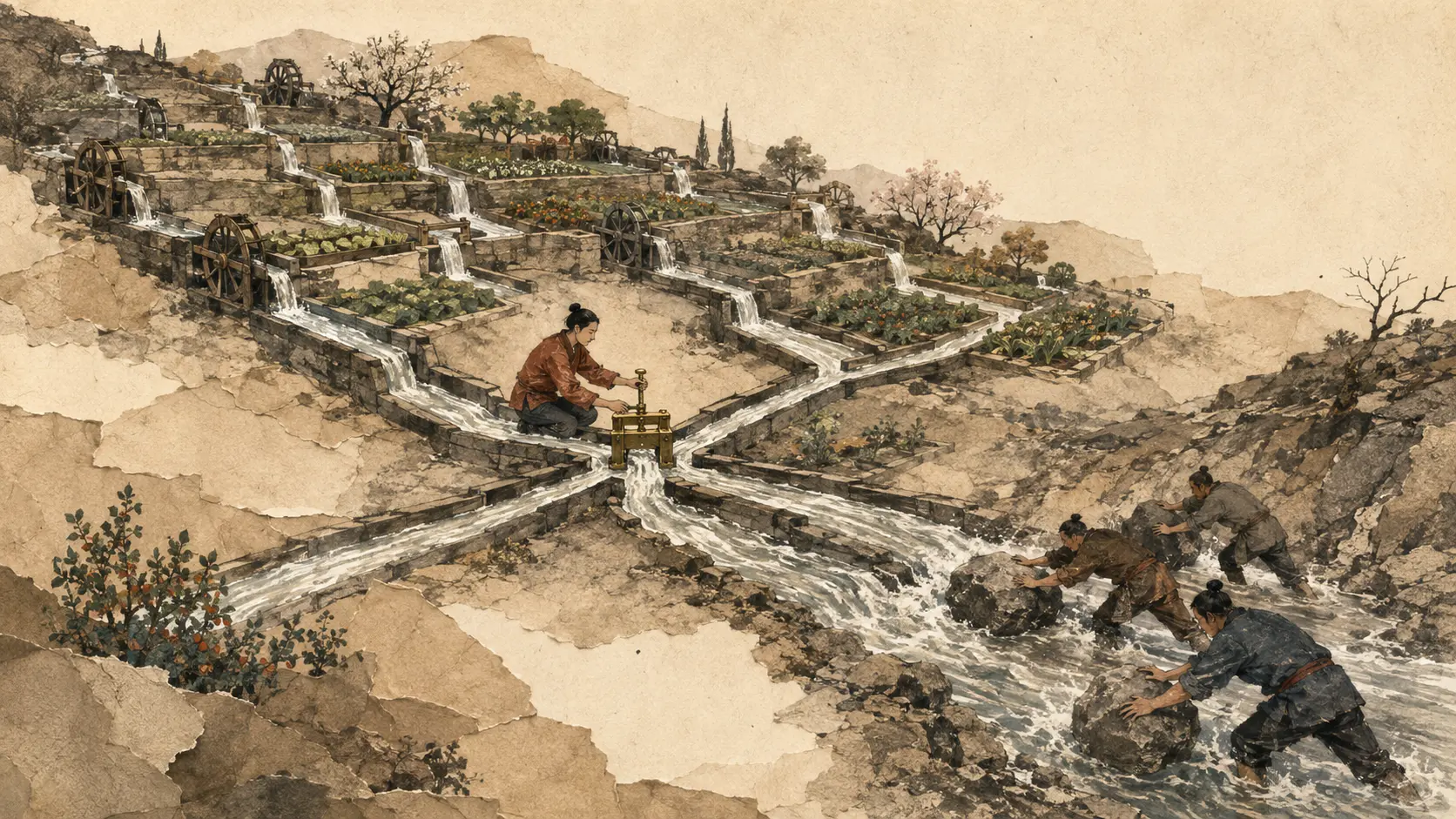 A person adjusts a small brass gate at the junction of a terraced water system while others strain against rocks downstream
