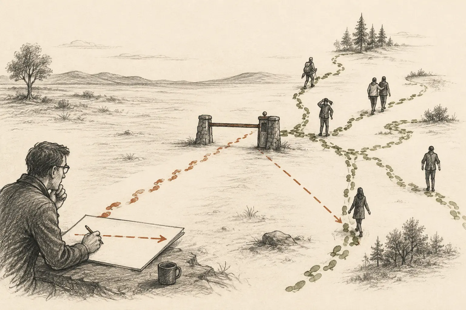 An analyst extends a straight forecast from old footprints, but travellers take new paths after a gate changes the rules