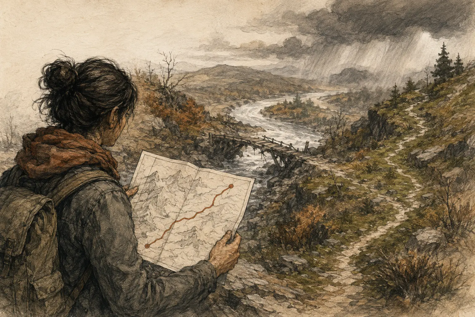 A simple paper map beside real terrain with weather and a blocked route the map doesn't show