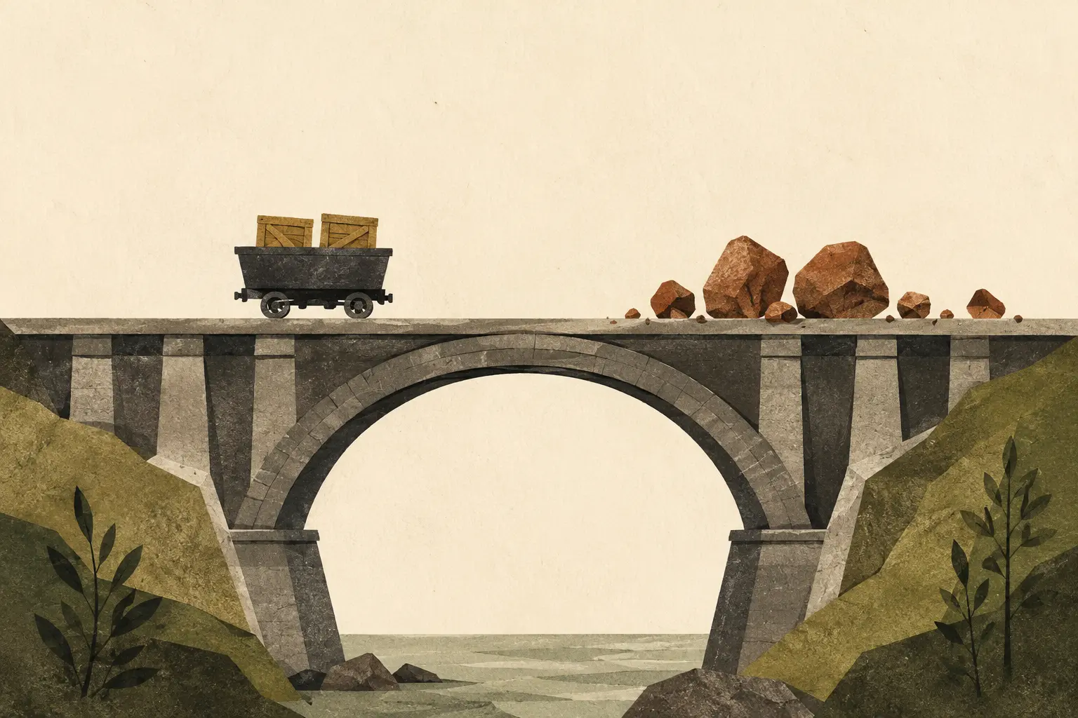 A small cart and several unexpectedly heavy rocks rest on a broad stone bridge whose deep arch and extra supports remain stable