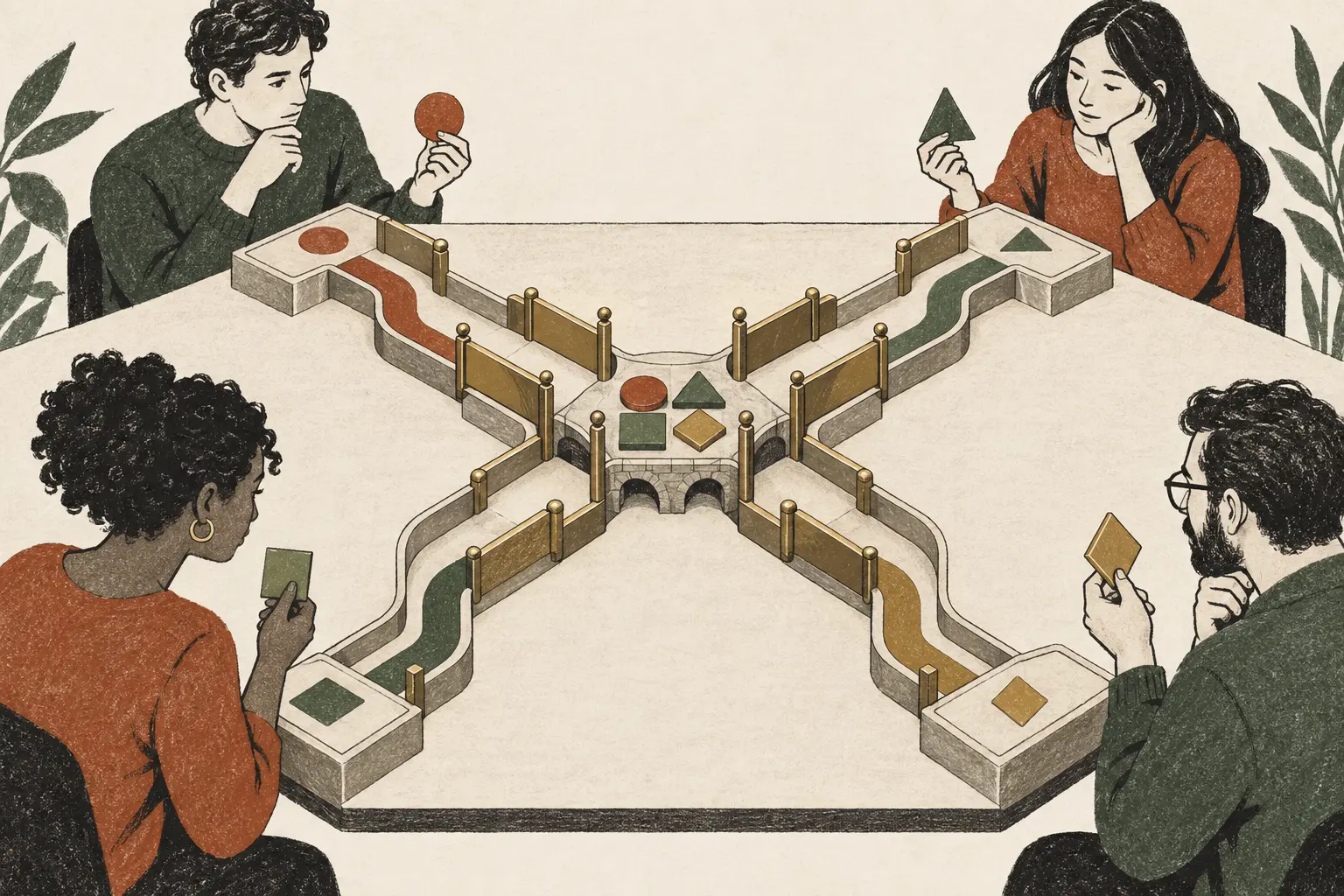 Four people choose separate paths on a tabletop game whose gates guide their different pieces into one stable bridge