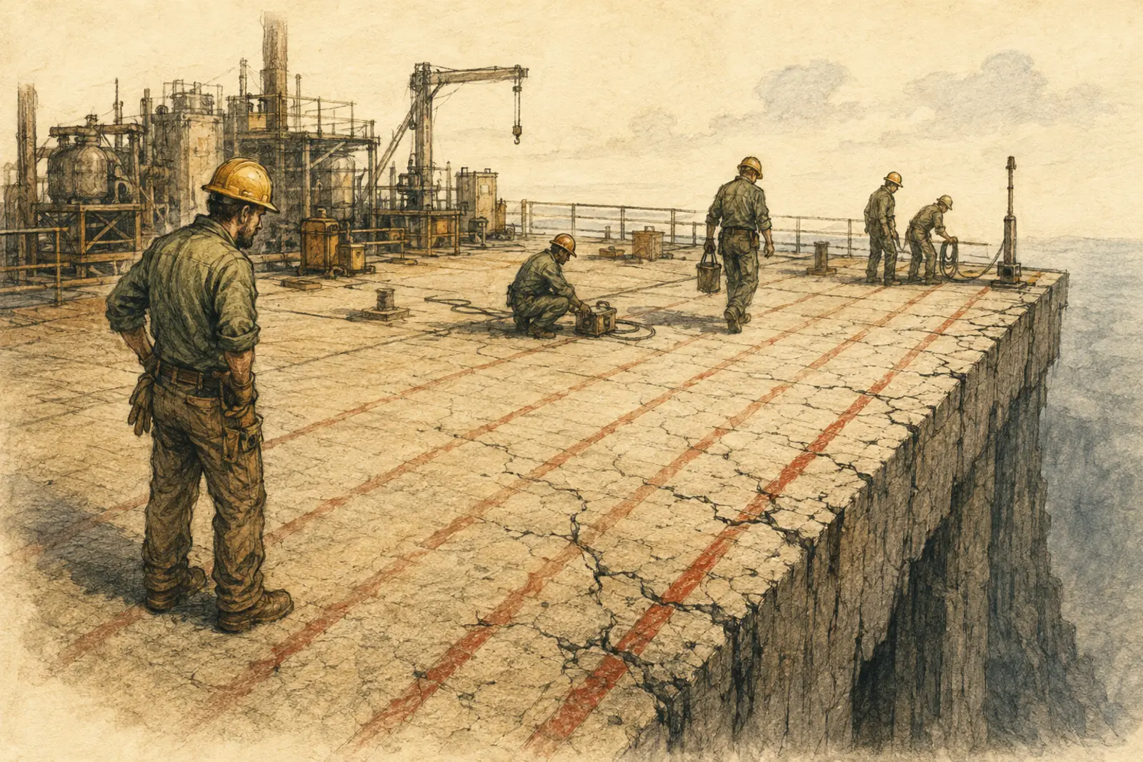 A work crew operates near a cracked edge after a safety boundary has repeatedly moved closer