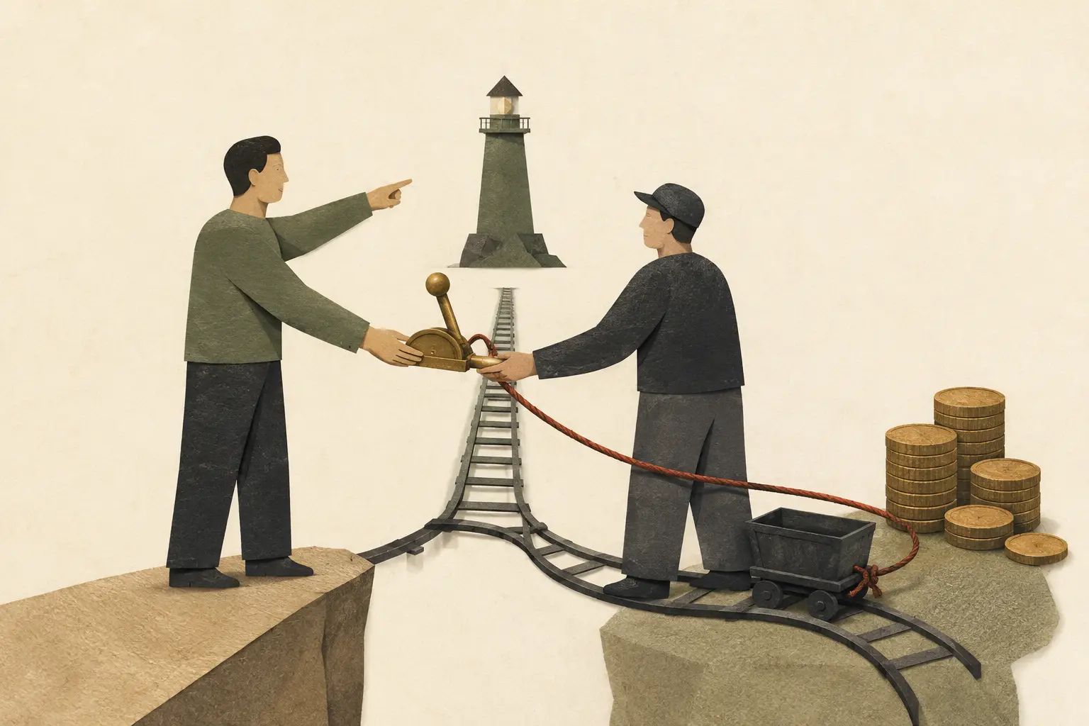 One person points towards a lighthouse while handing a steering lever to an operator whose cart is pulled sideways by a rust-coloured cord tied to coins