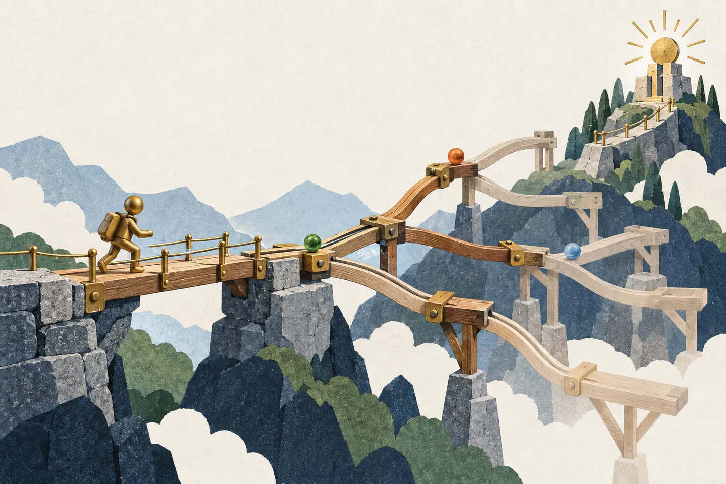 A traveller crosses a fixed safe bridge while movable branches ahead lock into place only as coloured evidence arrives