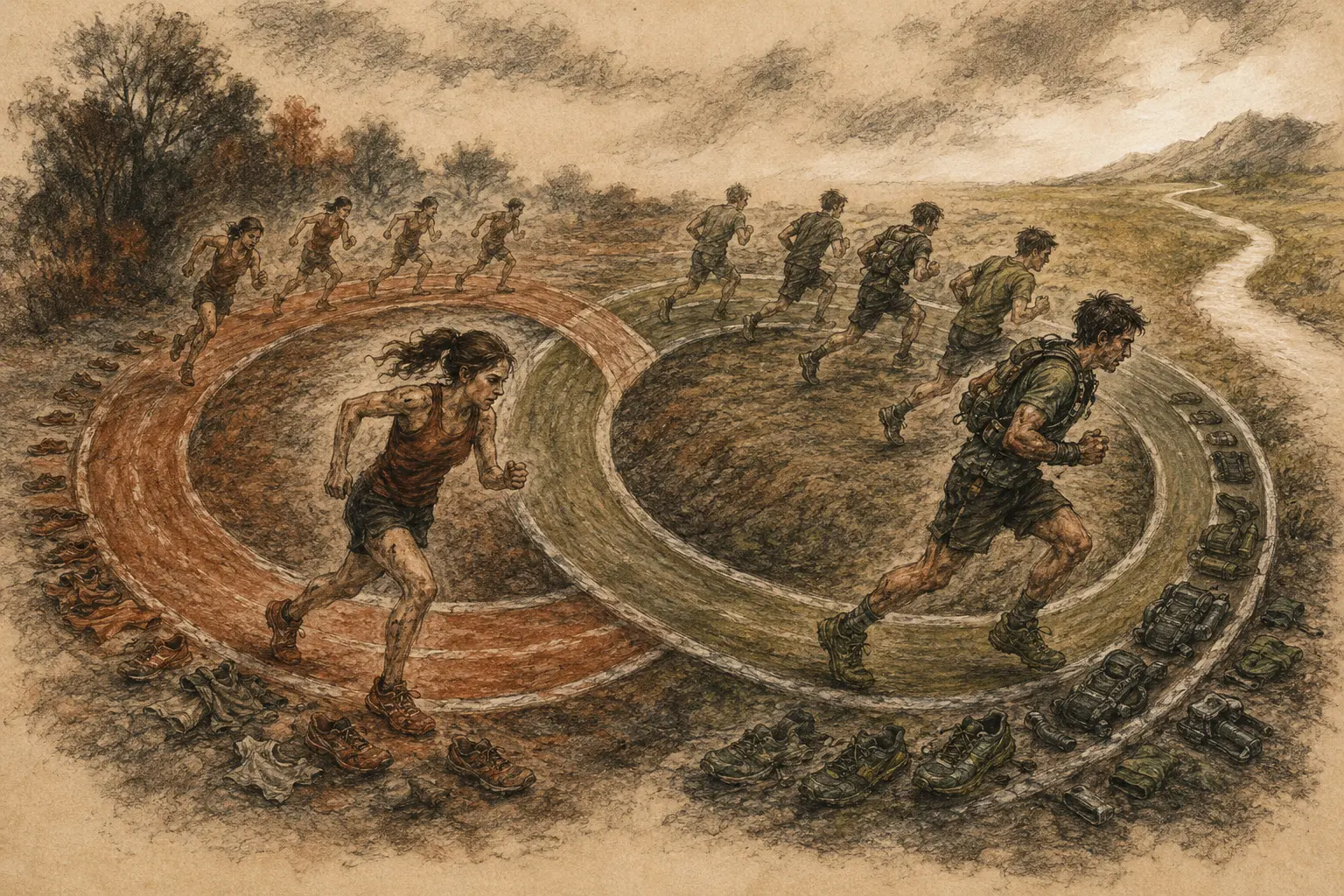Two runners improving their shoes on separate looping tracks while keeping the same relative position
