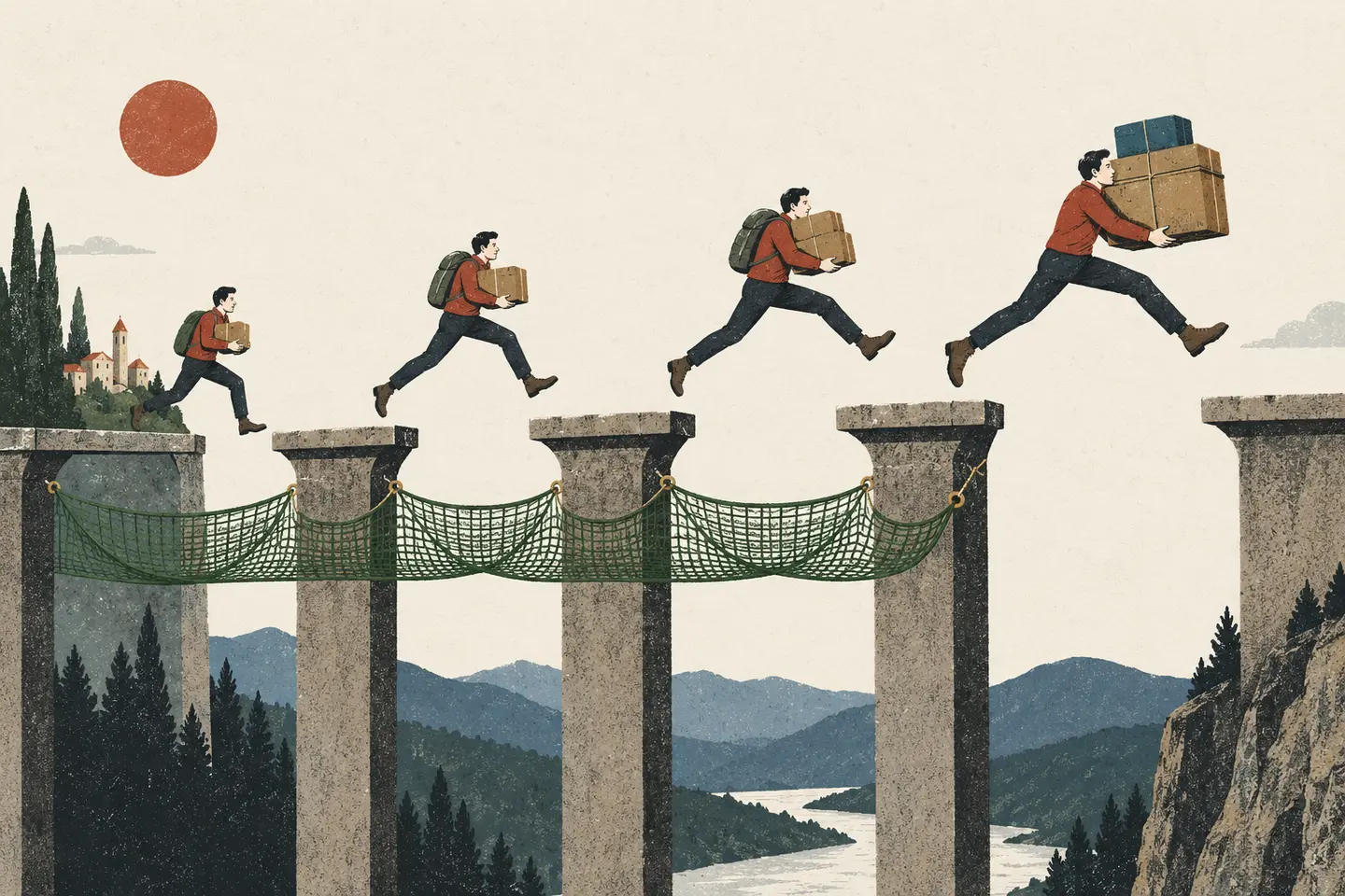 A traveller carries progressively larger loads across longer gaps until the final leap extends beyond the safety net below