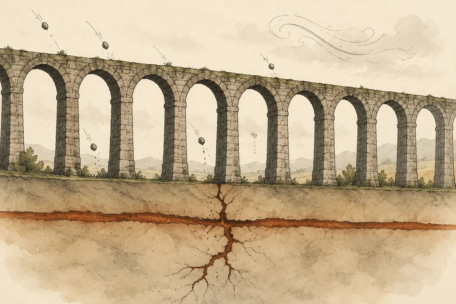 A long row of strong stone arches withstands wind and falling rocks while a crack spreads through the single rust-coloured seam beneath them
