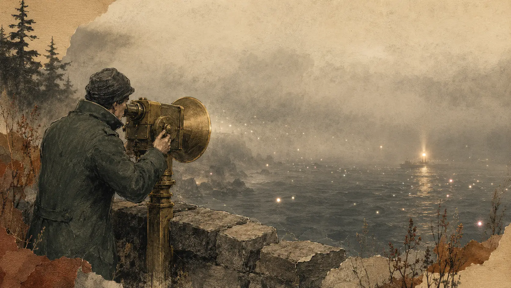 A watchkeeper adjusts a brass viewing instrument towards one coherent beacon among many reflections in a foggy sea