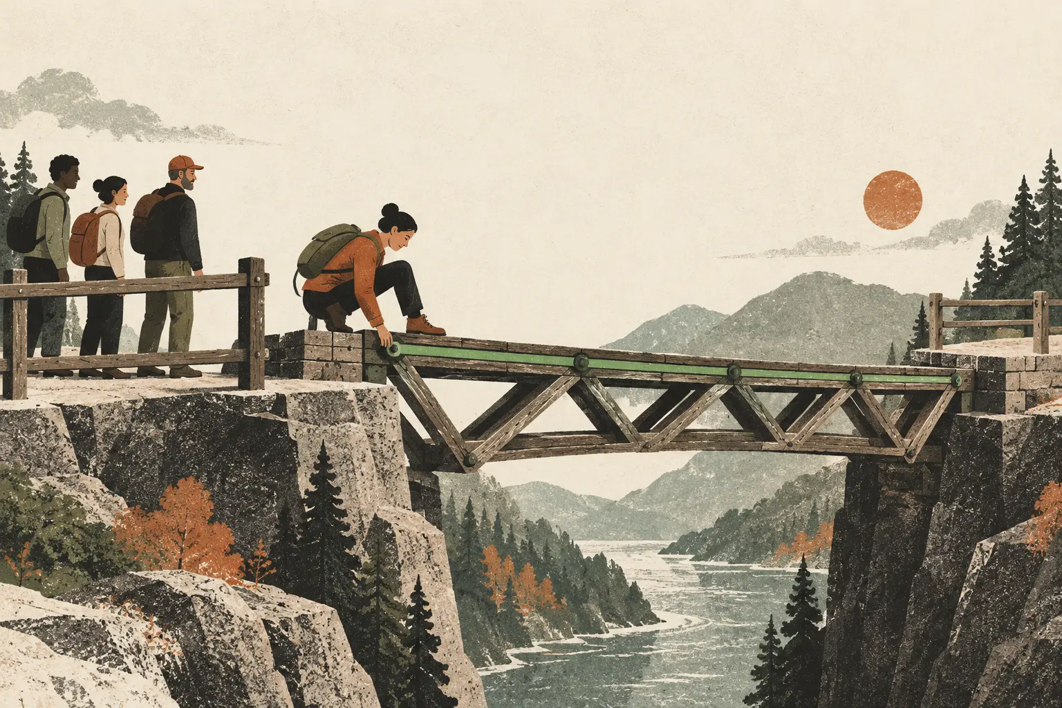 A craftsperson adjusts a bridge joint while stepping onto the same bridge ahead of other travellers