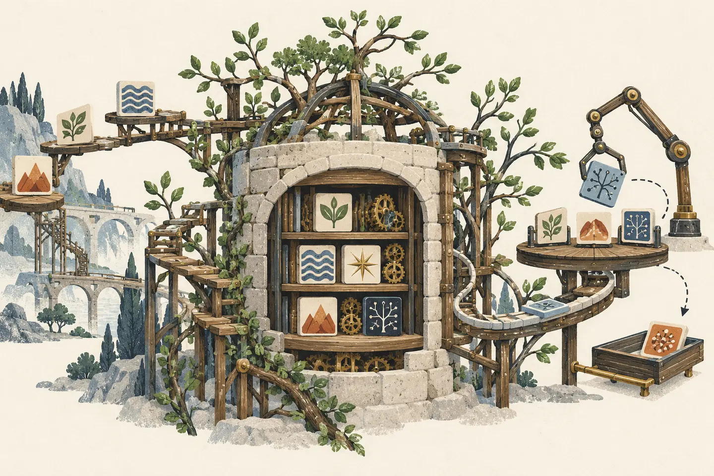 A stable stone archive supports flexible growing branches while new memory pieces are tested before joining the core