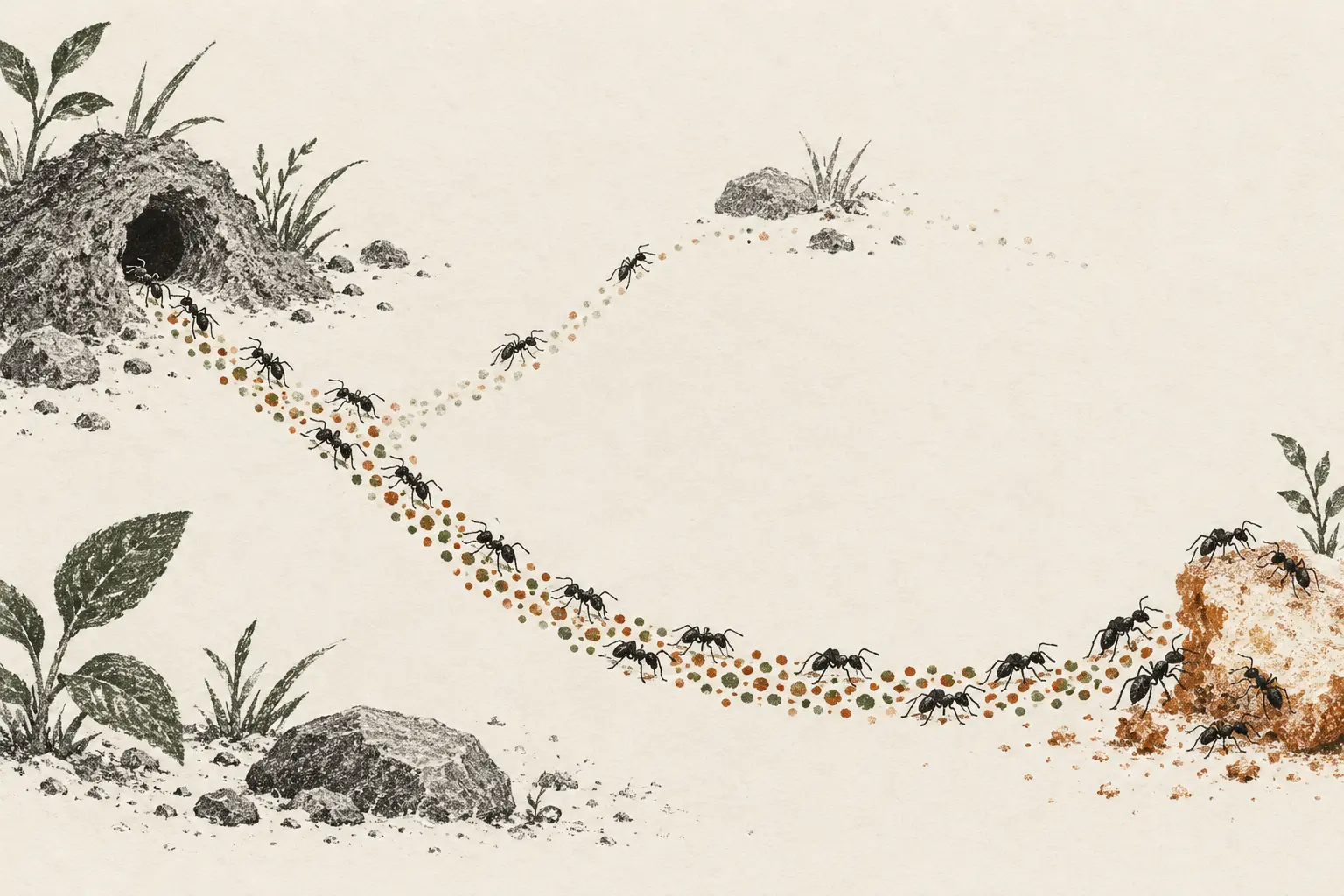 Ants reinforce one useful trail between a nest and food while an abandoned branch fades