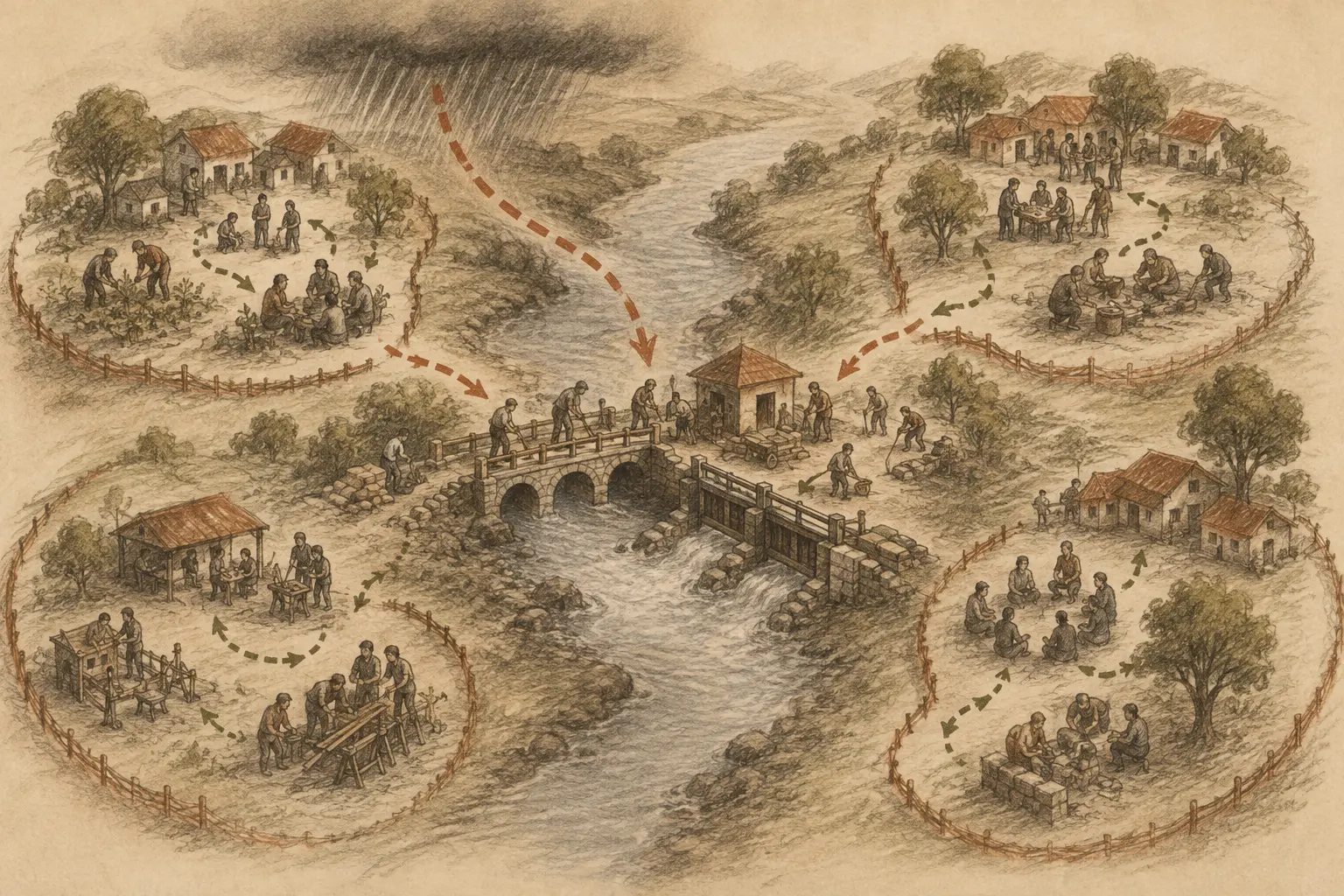 Four small communities making local decisions around a shared central bridge and common boundary
