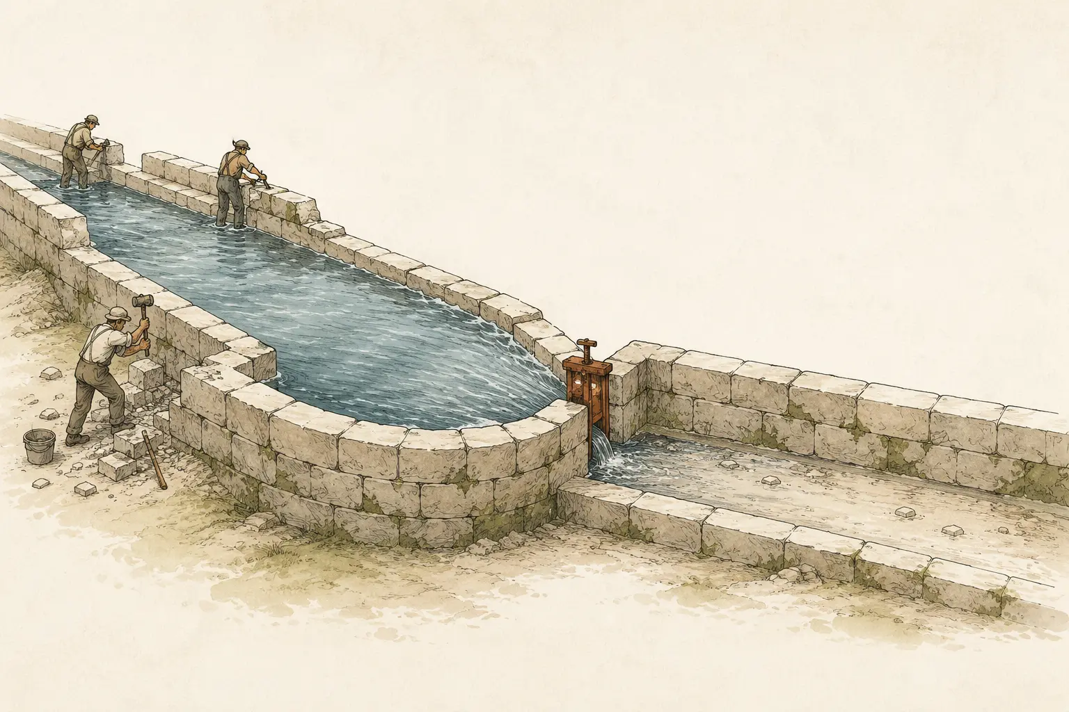 Workers widen an already broad stone water channel while one narrow rust-coloured gate limits the flow and leaves the downstream channel empty
