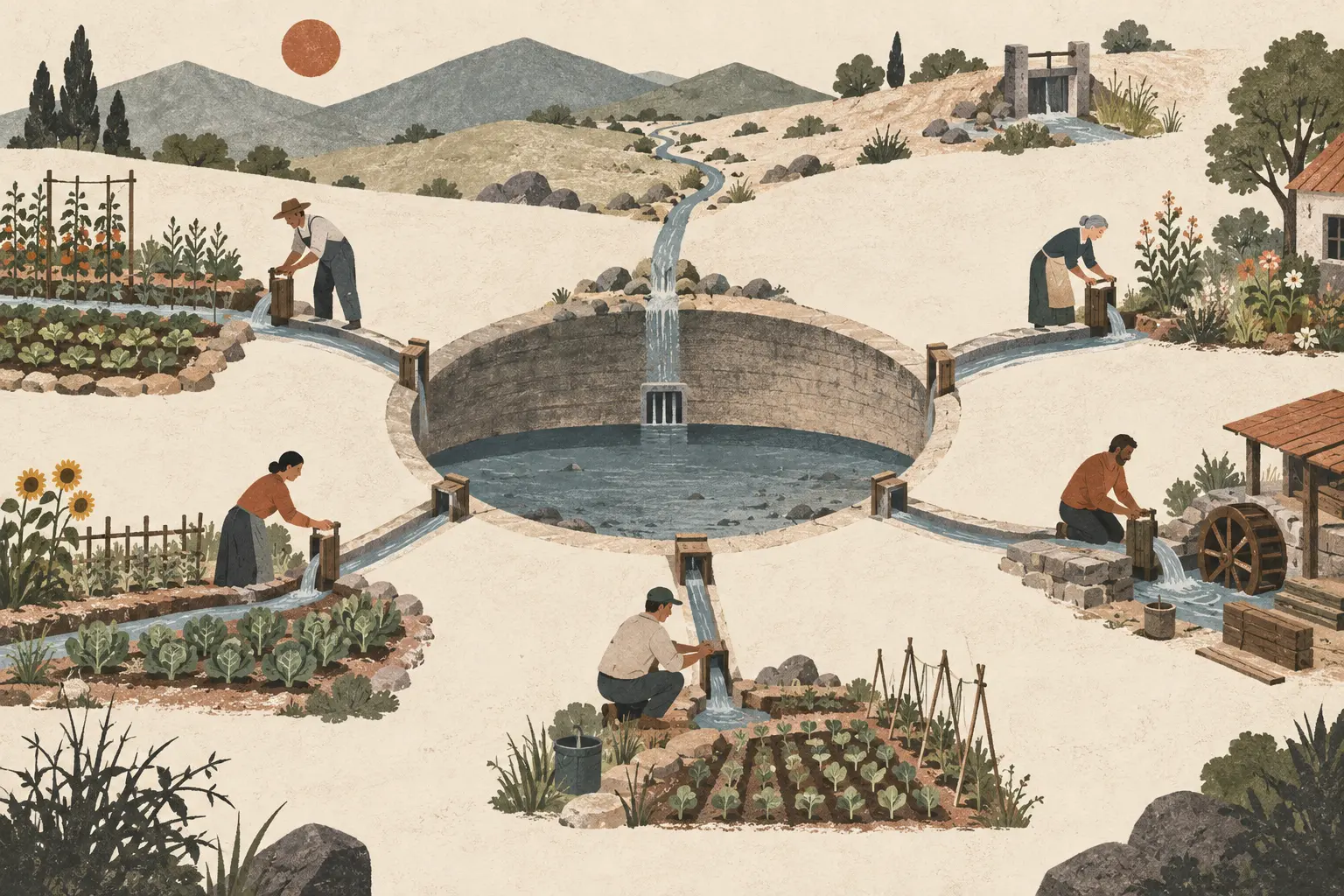 Five people draw small irrigation channels from one shared reservoir while a thin stream fails to restore the falling water level