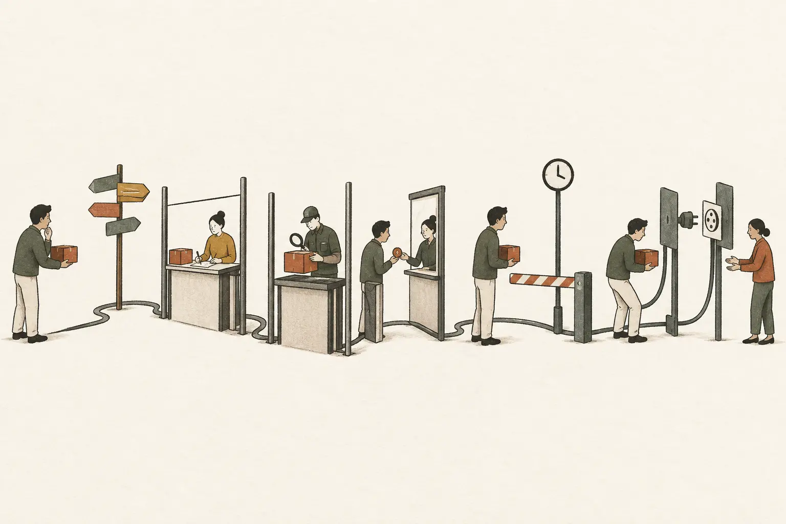 A person carries one small parcel through several gates for searching, paperwork, inspection, waiting and translation before reaching its recipient