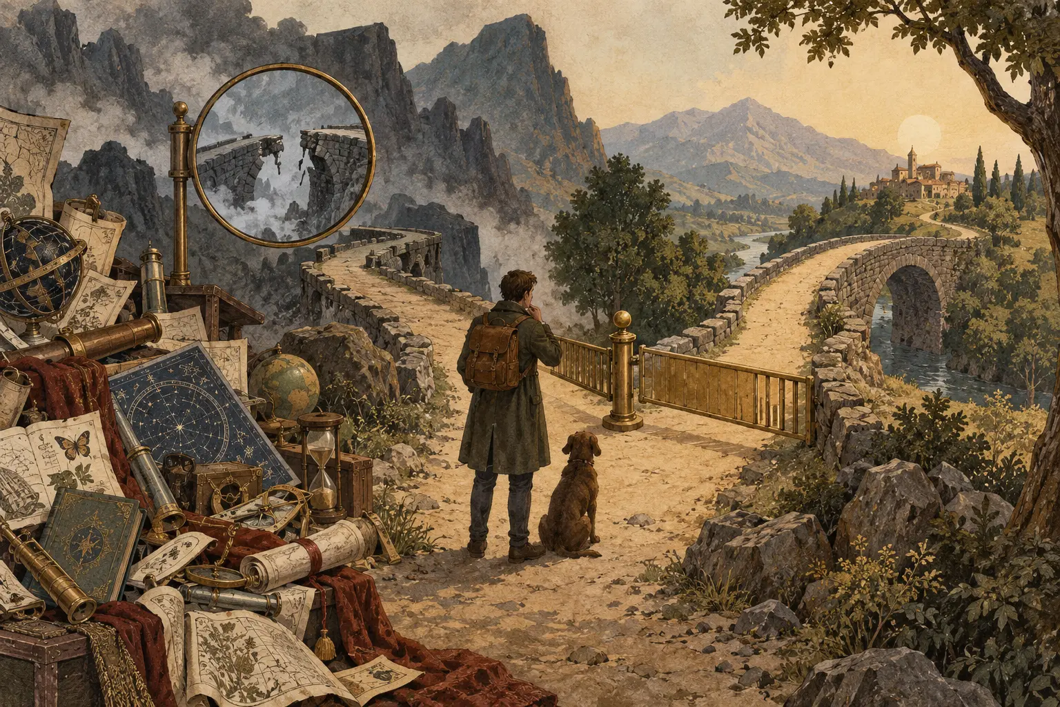 A traveller uses one lens to reveal a broken bridge before moving a gate towards the safe path while a pile of other maps sits unused