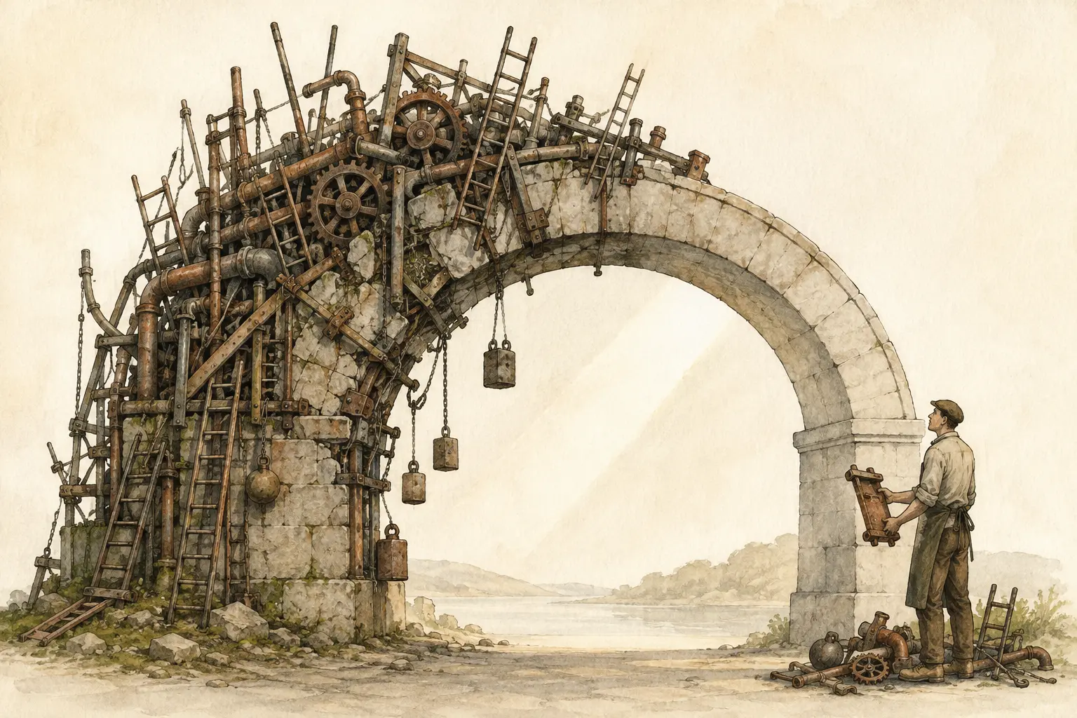 A craftsperson removes an unnecessary metal brace from a stone arch overloaded with pipes, gears, ladders and hanging weights