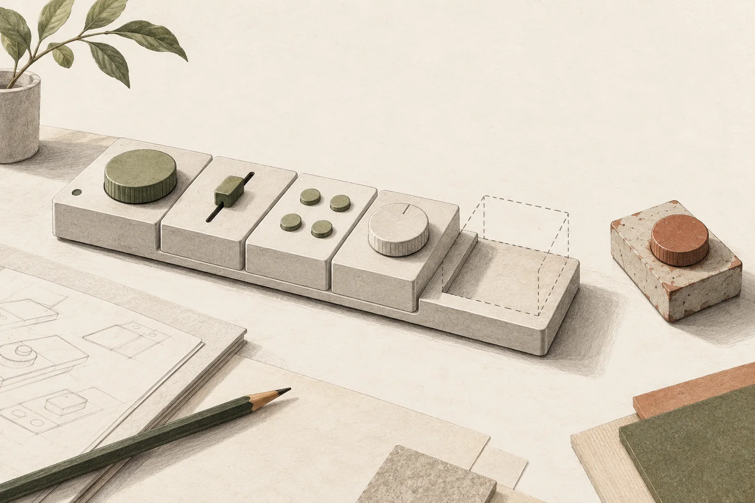 A modular product interface with one block removed, leaving an open space and a separate block nearby.