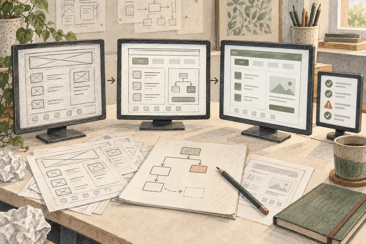 Successive software interface prototypes on a workbench, from wireframe to working layout, beside a test panel with an unresolved warning.